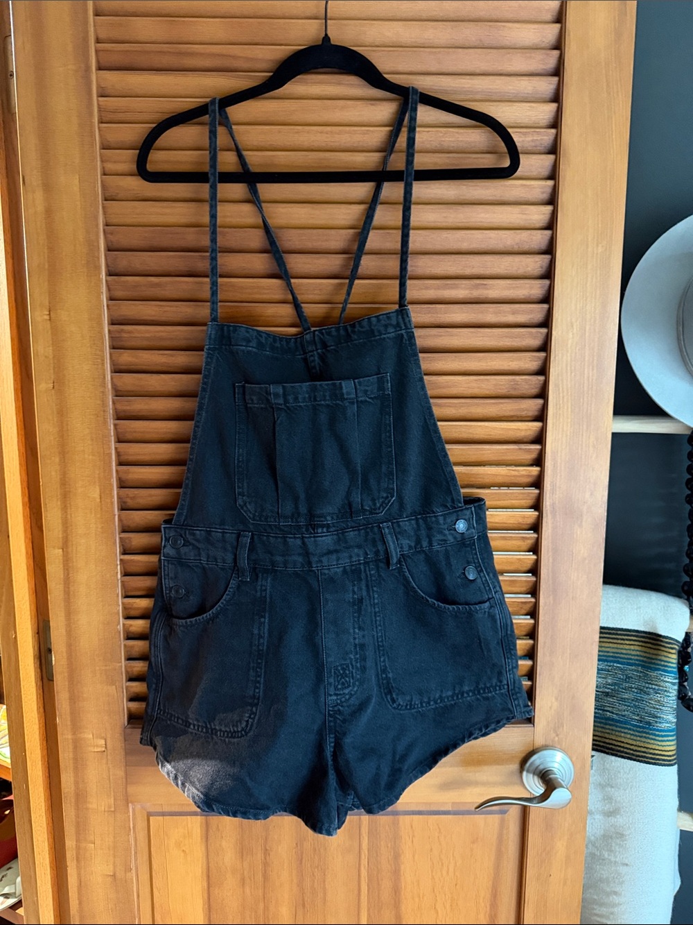 We The Free Black Denim Short Overalls - Classic Pocket Front
